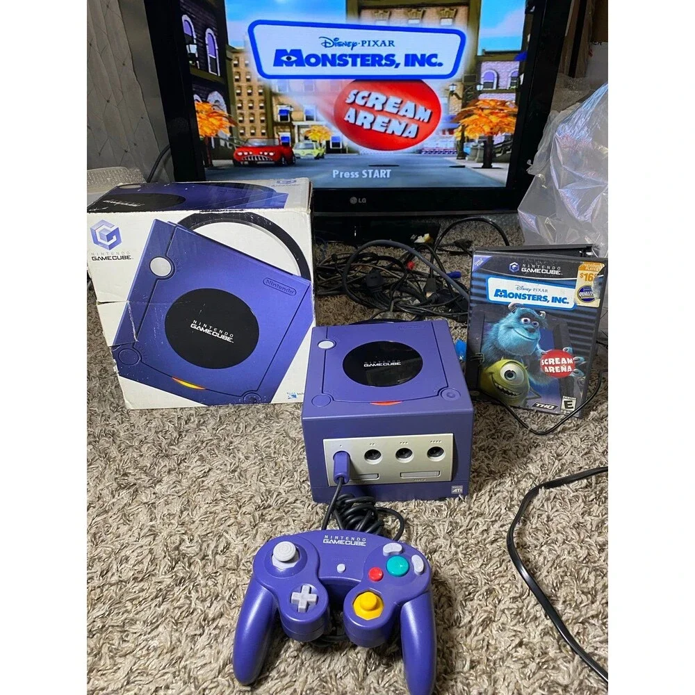 Nintendo GameCube Indigo purple Console Complete w/ Controller Cords In Box 001